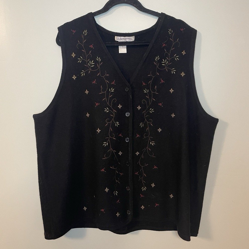 Silhouettes Vintage 100% Wool Vest Floral Embroidery Black Womens Plus Sz 2X EUC